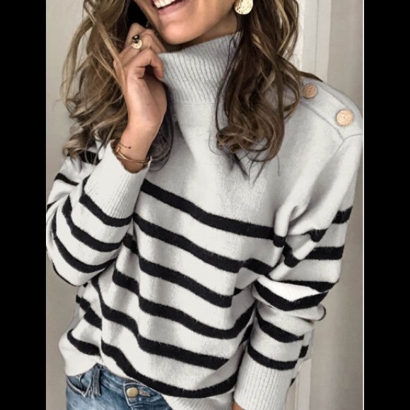Long Sleeve Knitted Turtleneck Button Kneck decor Light Grey Striped Sweater - Picture 5 of 8